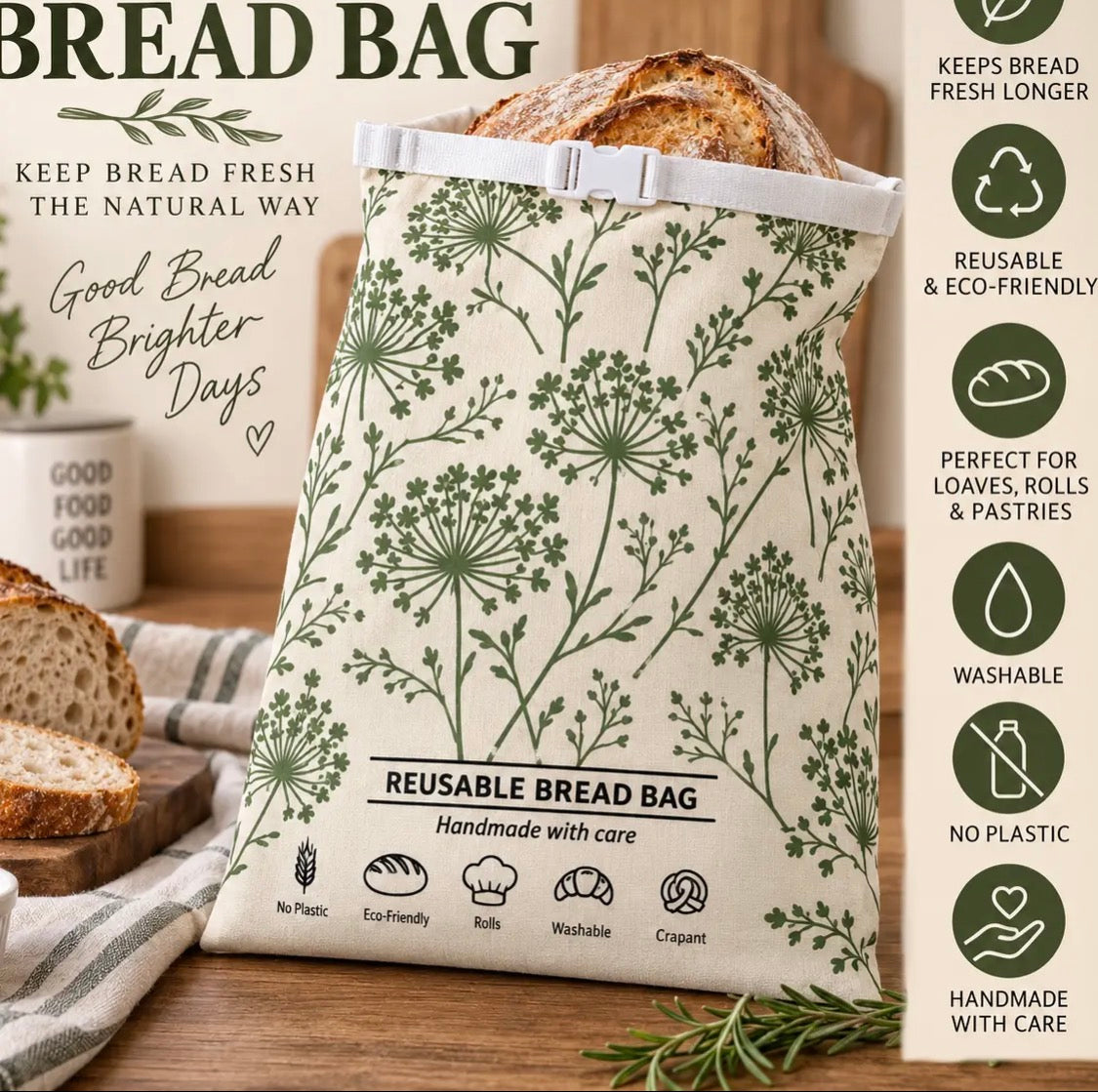 Beeswax-Lined Bread Reusable Bag - Wishing Wisps