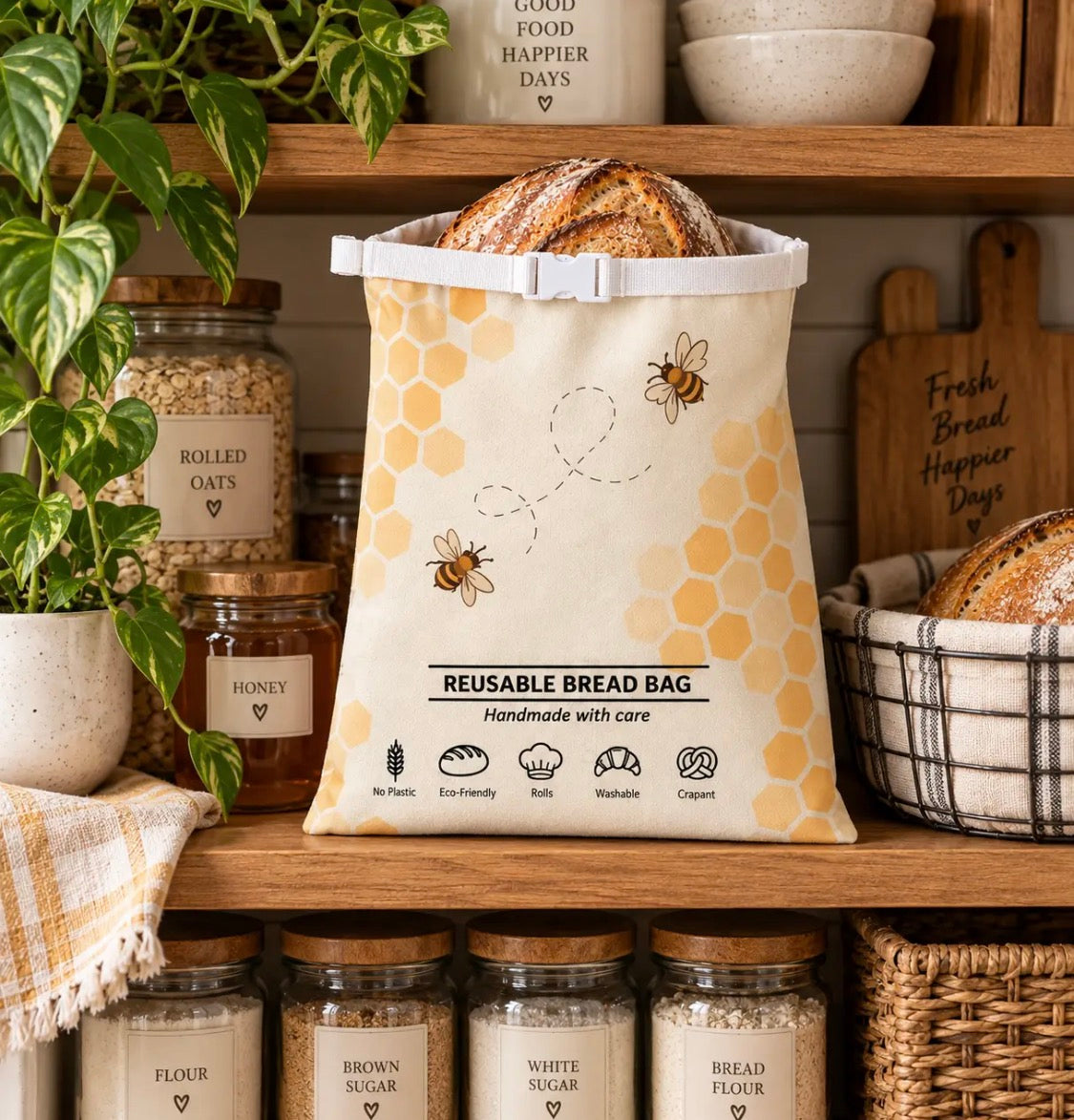 Beeswax-Lined Bread Reusable Bag - Honey Bees