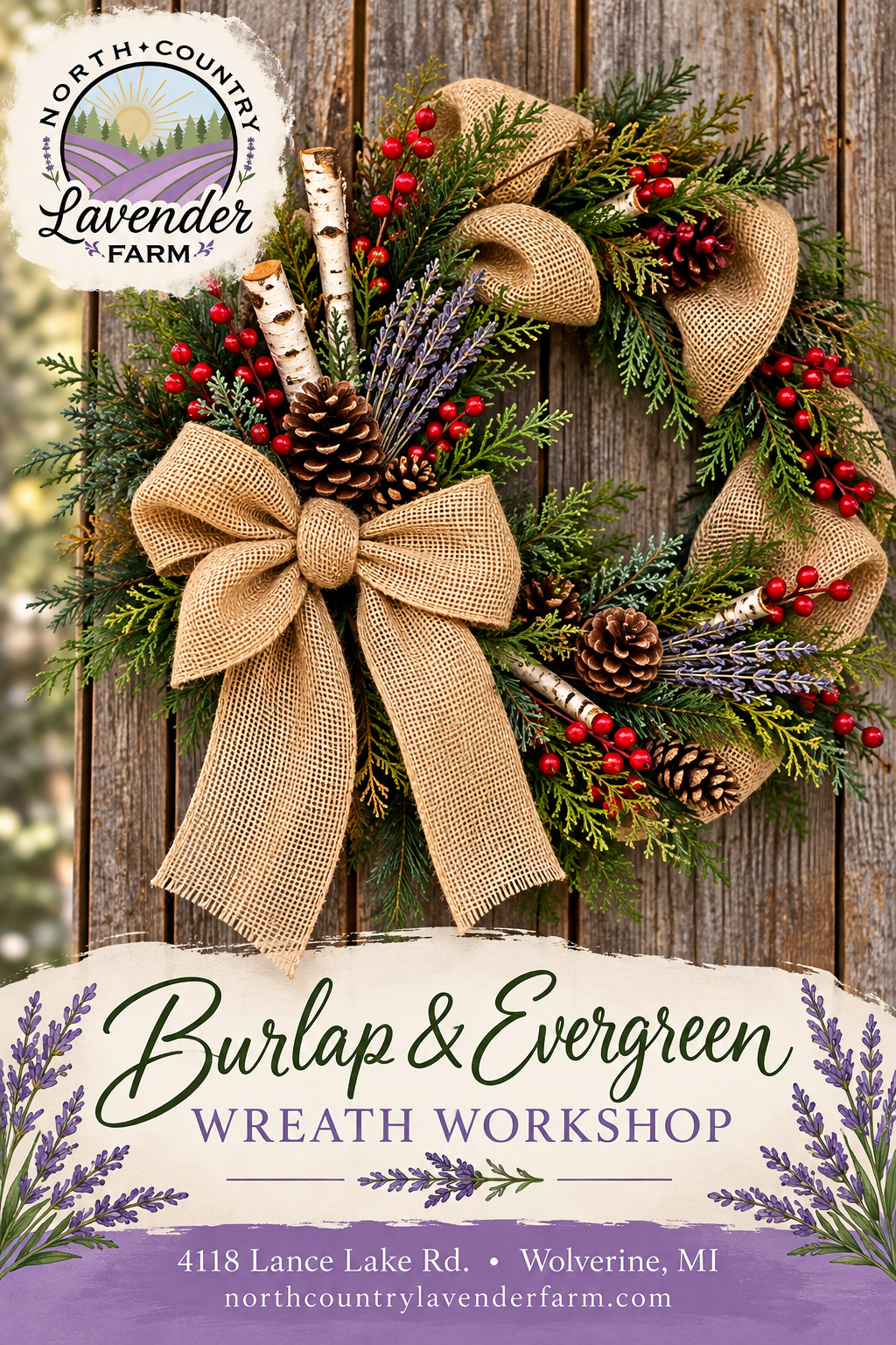 Workshop - Burlap & Evergreen Wreath Workshop Friday Oct 10th 2-4pm
