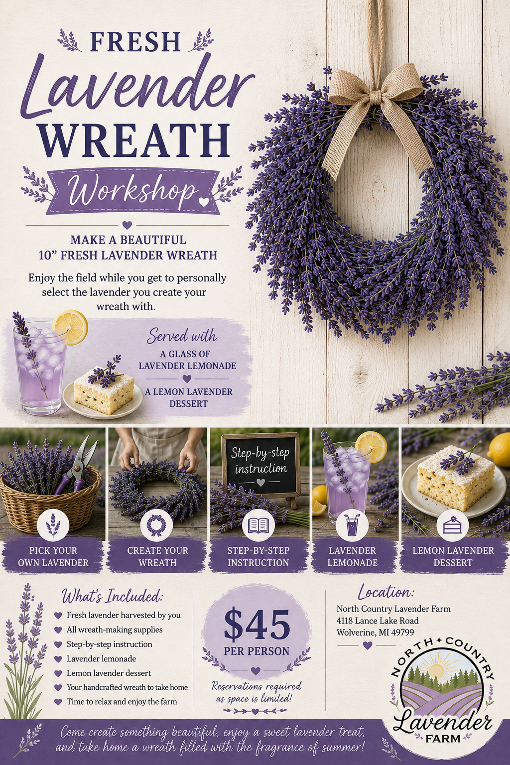 Fresh Lavender 10" Wreath Workshop Saturday, July 18th 10am-12pm