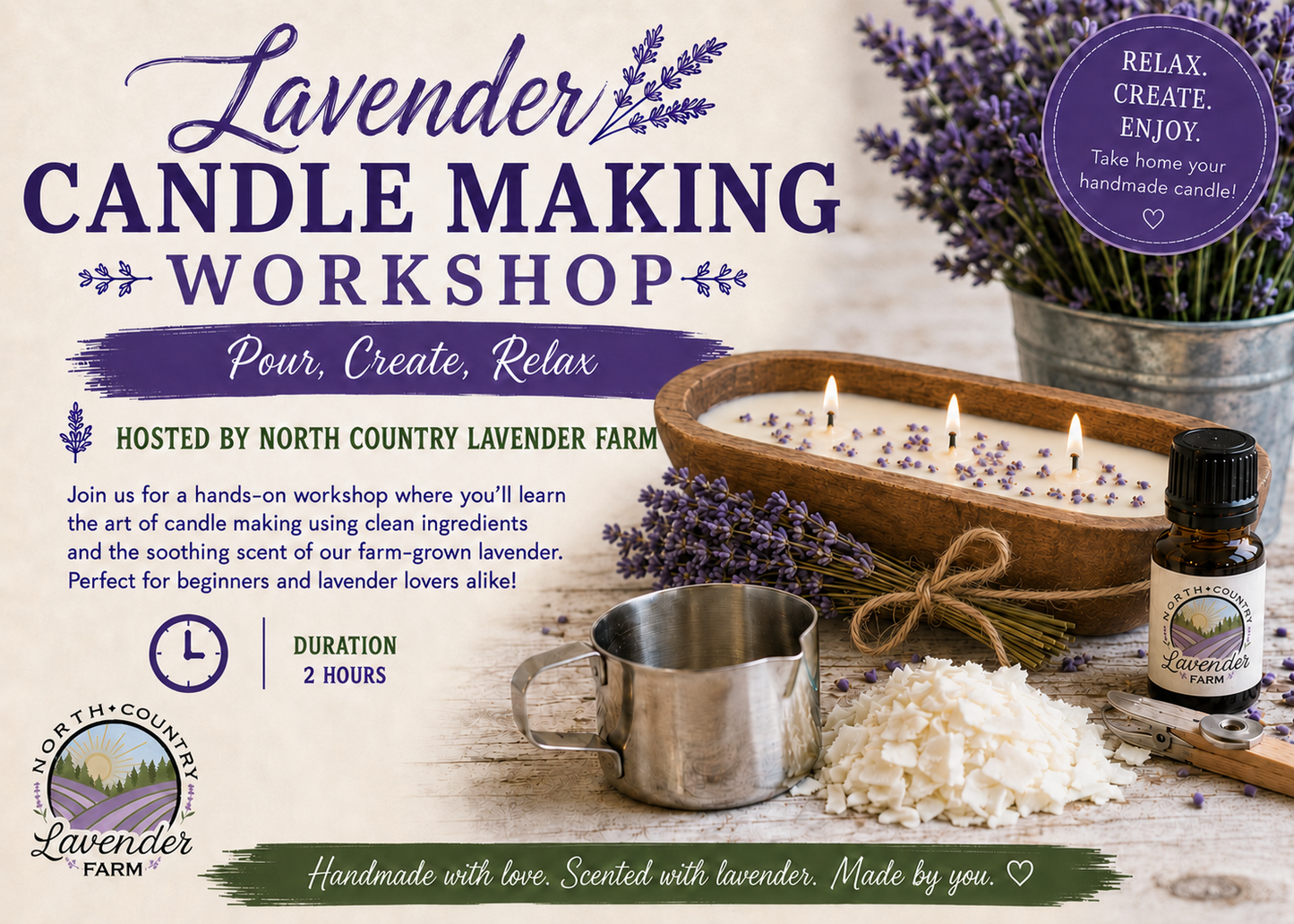 Lavender Candle Making Workshop & Essential Oil Distillation Saturday Aug 15th 10am-12pm